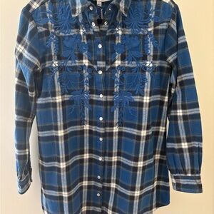 Blue Plaid Embroidered Button-Up Shirt